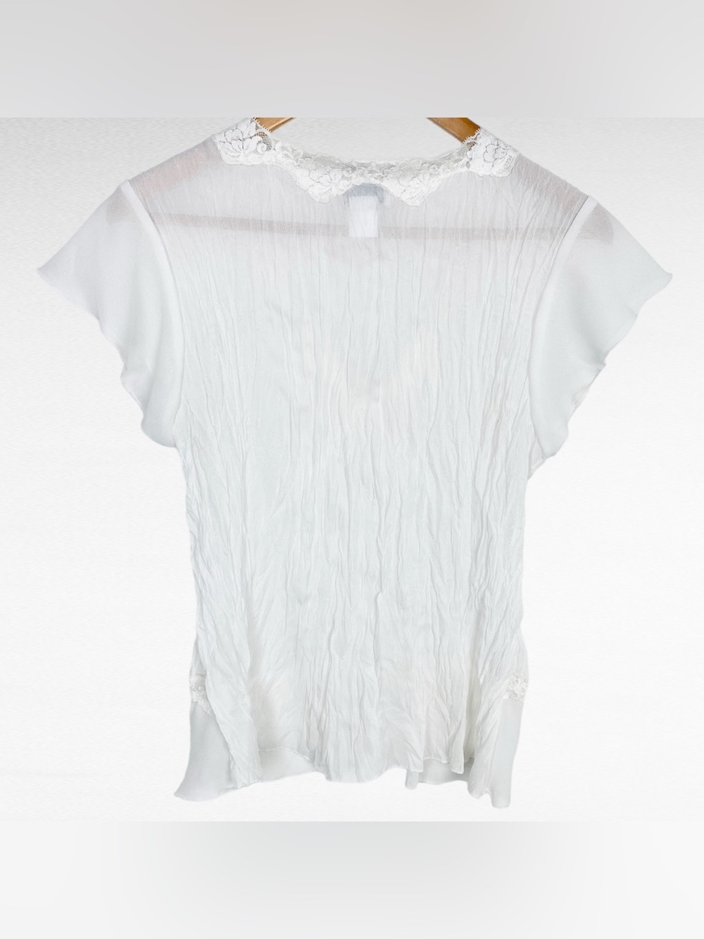 VINTAGE Allison Taylor Y2K White Crinkle Chiffon Lace Peplum Semi Sheer Blouse - Picture 4 of 8